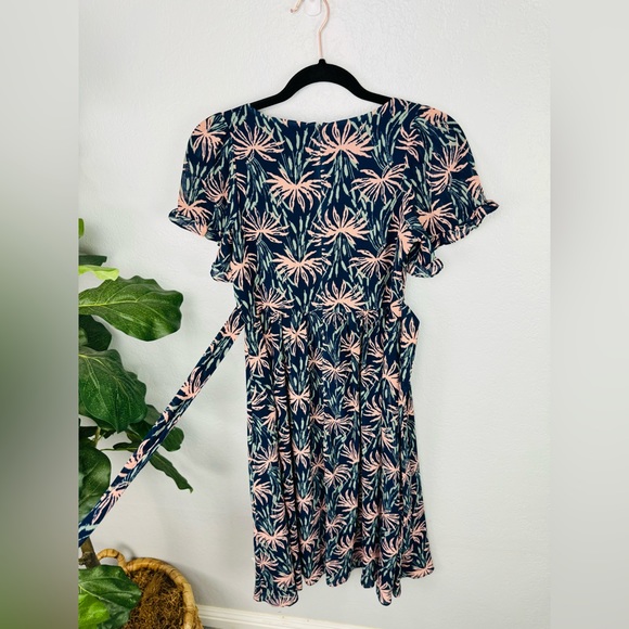 Madewell Ruffle-Sleeve Midi Chiffon Blue Peach Dress Oasis Palms - Picture 5 of 7